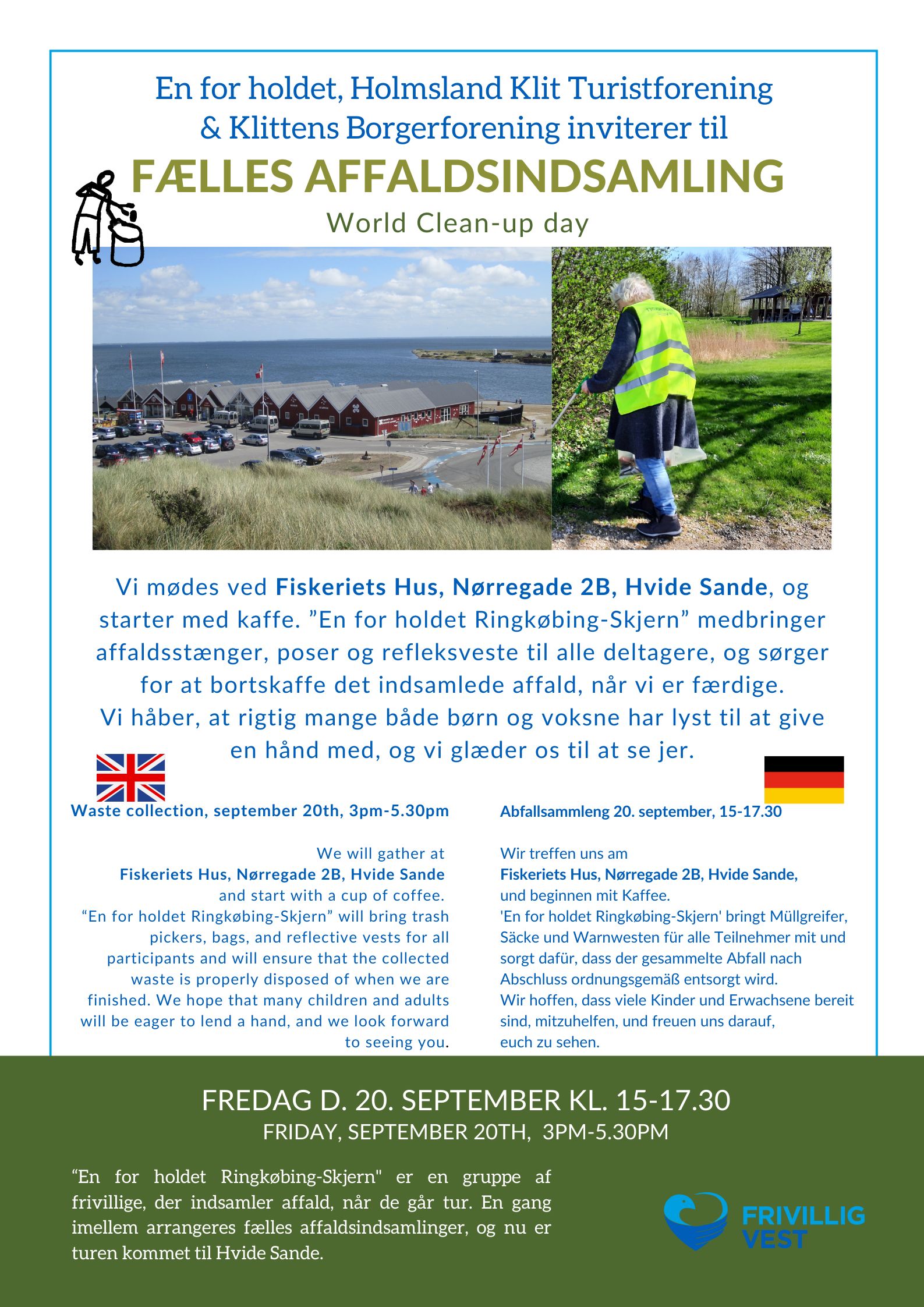 Plakat, der informerer om affaldsindsamlingen i Hvide Sande den 20. september kl. 15-17.30